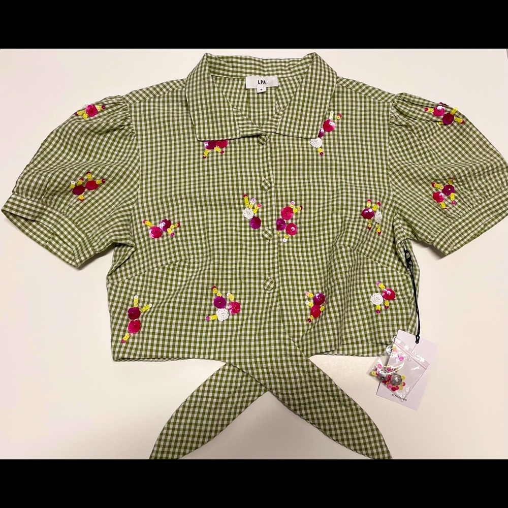 LPA embroidered tie up buttoned crop top